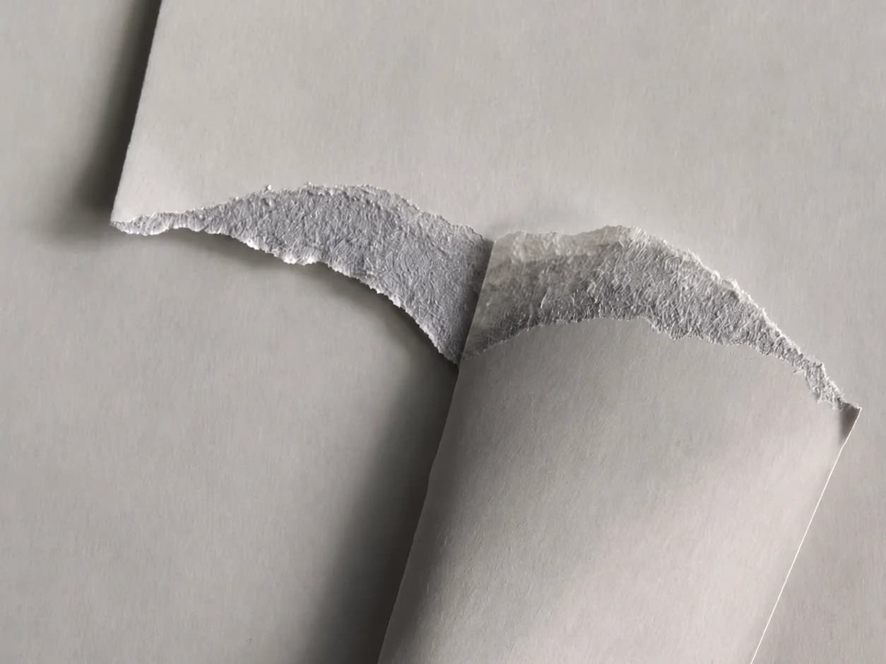 Deux feuilles de papier cartonné Black Core, dont une déchirée, révélant l'âme grise entre les deux couches blanches.